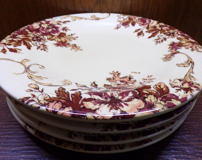 2507 Country Living Vintage 9" Lunch / Snack Plates Set of 4 Antique Brown Orange Floral on Cream - Pre-owned Great Condition