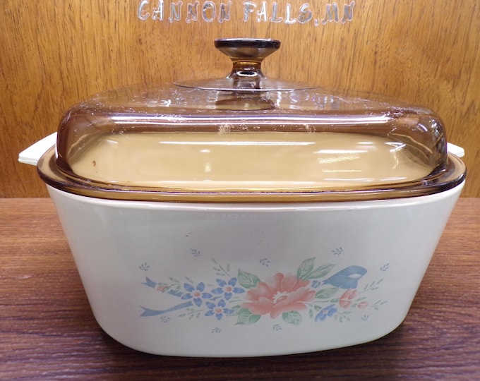 2506 Corning A-5-B Casserole Dish 5 Liter Symphony Blue & Pink Flowers w/ Tawny Brown Glass Pyrex Lid- Good Cond. Lid has Scratches