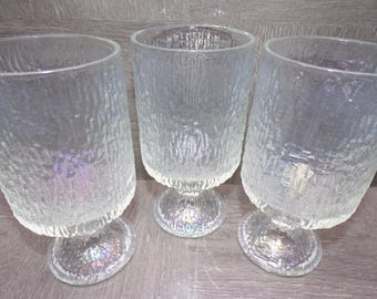 2603 Indiana Glass Crystal Ice Vintage Textured Glass Tree Bark 5.75" Footed Drinking Glasses Set of 3 - Good Condition