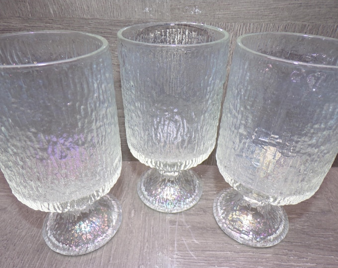 2603 Indiana Glass Crystal Ice Vintage Textured Glass Tree Bark 5.75" Footed Drinking Glasses Set of 3 - Good Condition