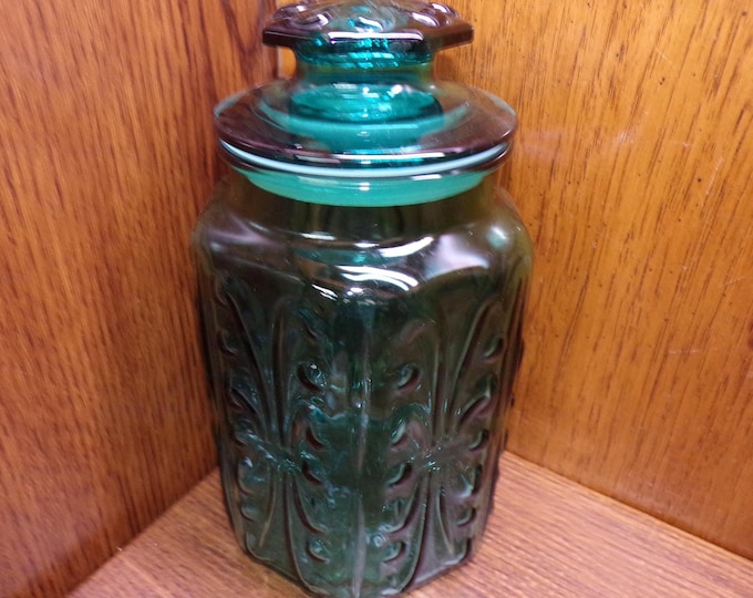 2507 Imperial Glass Atterbury Scroll Vintage Turquoise Blue Canister 5" Wide x 7.5" Deep 9.25" Tall w/ Lid - Pre-owned Great Condition