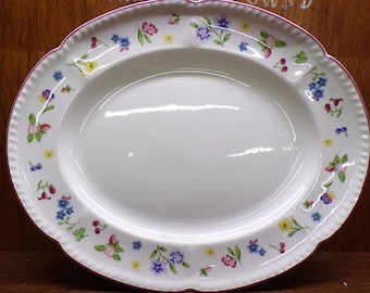2508 Johnson Bros Fleurette Vintage Fine English Tableware 11" x 14" Red Rim Platter Made in Staffordshire England - Great Condition