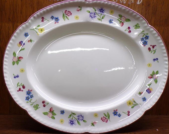 2508 Johnson Bros Fleurette Vintage Fine English Tableware 11" x 14" Red Rim Platter Made in Staffordshire England - Great Condition