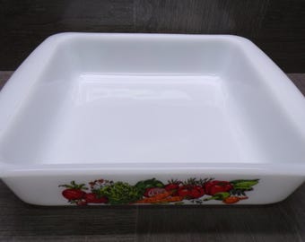 2609 Glasbake Harvest Vegetable Medley Vintage Milk Glass 8" Square Casserole Baking Dish