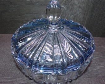 2606 Anchor Hocking Old Cafe 7" Ribbed Glass Covered Candy Dish Clear w/ Blue Lid