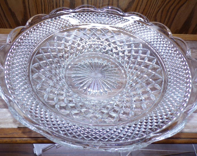 2510 Anchor Hocking Wexford Crystal Vintage 13.75" Shallow Bowl Platter Scalloped Rim 3" Tall- Great Condition Very Beautiful