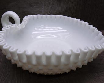 2605 Fenton Milk Glass Hobnail Vintage 7" Heart Shaped Dish Ruffled Double Crimp Rim & Finger Loop