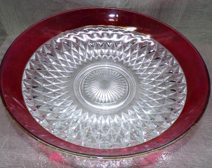 2602 Indiana Glass Diamond Point Vintage 13.5" Serving Bowl with Ruby Flash Rim- Good Condition w/ Some Scratches & One Small Chip on Rim