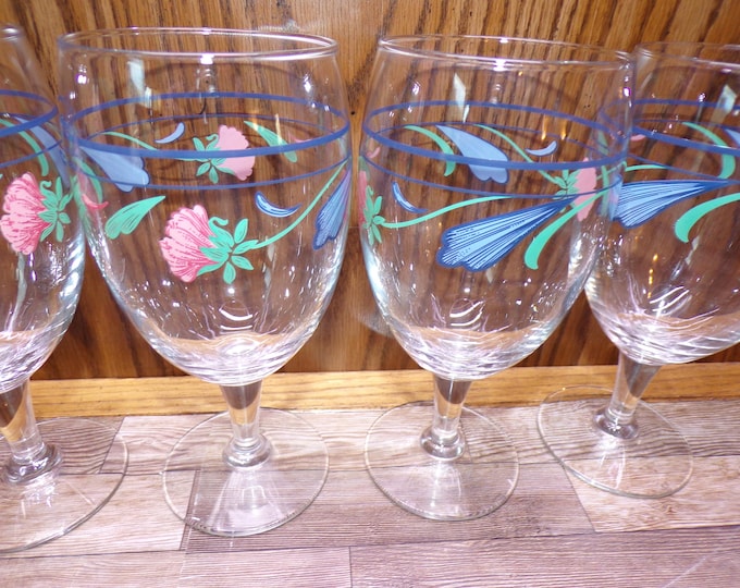 2511 Lenox Poppies on Blue Pattern Vintage 16 oz 7" Footed Iced Tea / Water Glass Set of 4 - Great Condition