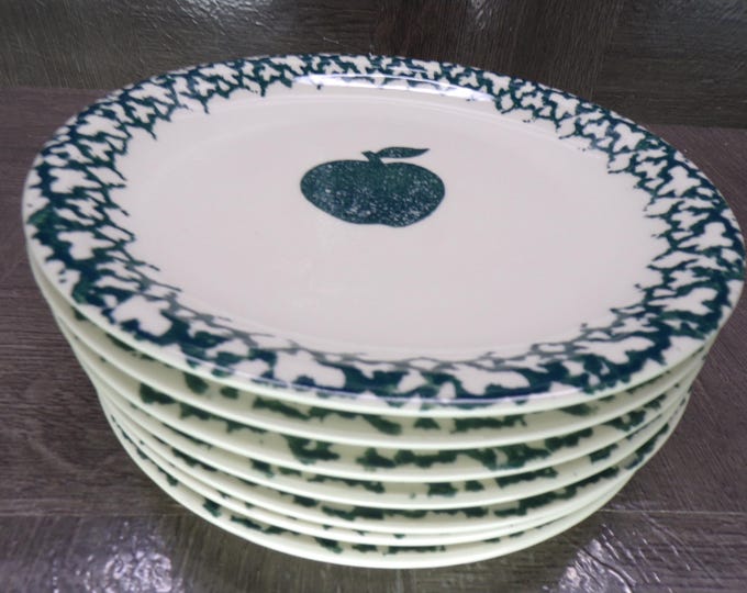 2602 Folkcraft Green Sponge Apple 7.5" Salad / Snack Plates Set of 7 by Tienshan Stoneware - Good Condition Some Scratches