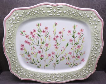 2605 Block Basics Pink Beauty 2001 Vintage Discontinued 17" x 14" Platter Microwave & Dishwasher Safe - Great Condition