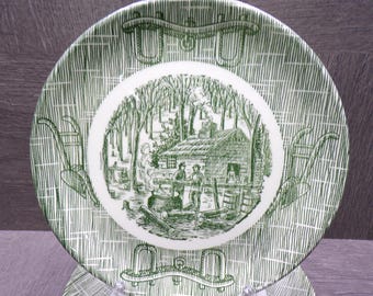 2607 SCIO Pottery Vintage Currier & Ives Green Maple Sugaring 6" Dessert / Bread Plates Set of 4