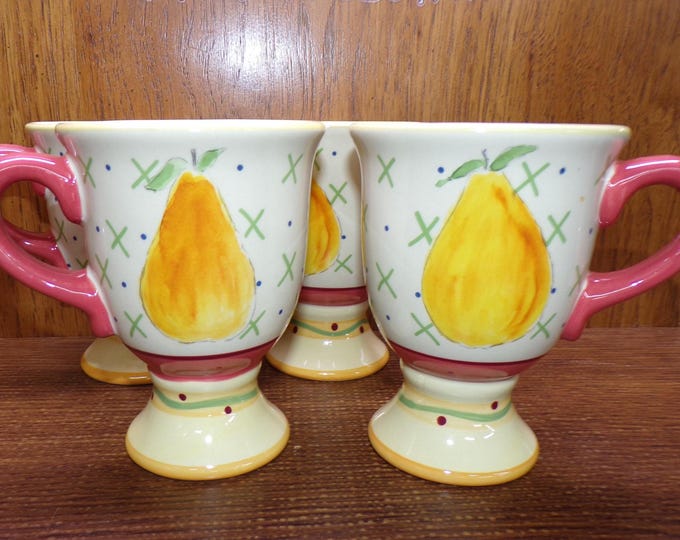 2506 Pfaltzgraff Secrets of Pistoulet By Jana Koplen 5" 14oz Footed Irish Coffee Mugs Set of 4 Decorated w/ Pears - Great Condition
