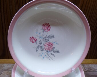 2508 Cunningham & Pickett Dixie Rose Pink Rim 8" Bowls Set of 4 Made in Alliance, OH USA -  Great Condition