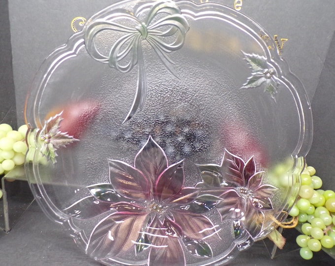 2311 Mikasa Savoir Vivre Holiday Spirit 15" Round Red Poinsettia Green Bow & Holly textured Vintage Glass Platter- Great Condition