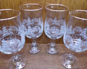 2507 Libbey Glass Arby's Christmas Frosted Pine Trees Vintage 7" Stemmed Tulip Glasses with Gold Rim Set of 4 - Pre-owned Great Condition