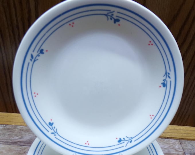 2508 Corelle Country Violets Ivory 6.75" Bread Plates Set of 9 with Blue Floral & Red Dots - Good Condition