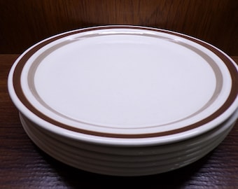 2507 Brown & Tan Band on Sandstone 10.5" Vintage Stoneware Dinner Plates Set of 6 Made in Philippines - Great Condition