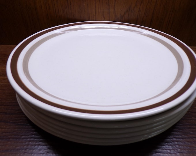 2507 Brown & Tan Band on Sandstone 10.5" Vintage Stoneware Dinner Plates Set of 6 Made in Philippines - Great Condition