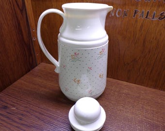 2506 Phoenix Insulated Thermal Carafe Coffee Pitcher Beverage Server Vintage 11" Tall w/ Lid - Apricot, Blue Floral- Good Condition