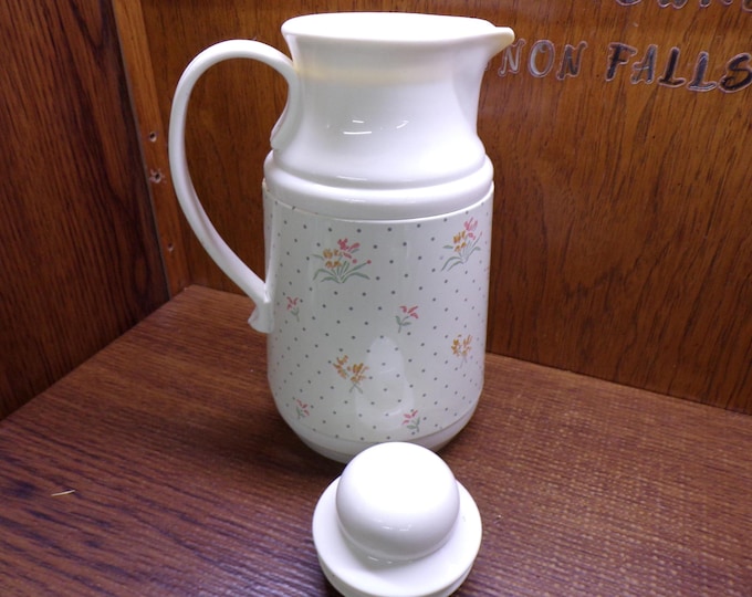2506 Phoenix Insulated Thermal Carafe Coffee Pitcher Beverage Server Vintage 11" Tall w/ Lid - Apricot, Blue Floral- Good Condition