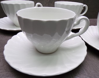 2608 Johnson Bros Snowhite Regency Vintage 8 pc Set (4) Cups & (4) Saucers - White Spiral Swirl Pattern
