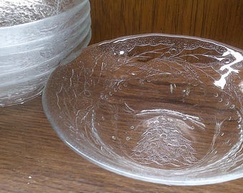 2411 Arcoroc Luminarc Holly Tree 6" Clear Christmas Holiday Bowls Vintage Set of 6 - Like New - Made in France