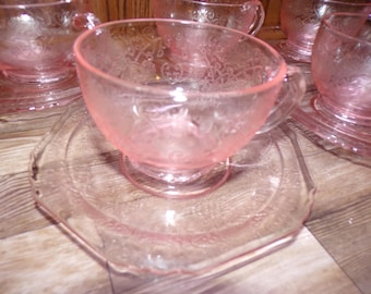 2510 Vintage Pink Glass Floral 10 pc Set 5 Cups & 5 Saucers - Great Condition
