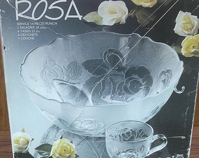 2410 Arcoroc Rosa Clear Rose Beautiful Rosaline Textured Tempered Glass Vintage Punch Bowl Set - 11" Bowl, 6 Cups & Ladle - Great Condition