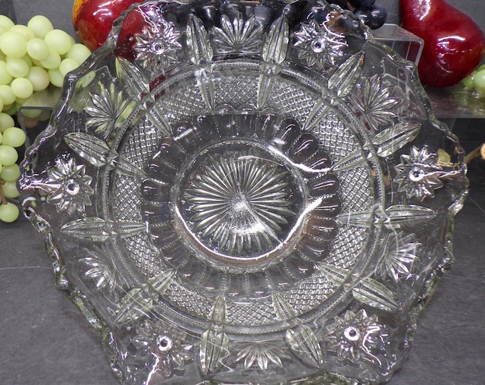 2311 Hobstar Diamond Thumbprint Pattern Heavy Thick Glass Bowl 10.75" Ruffled Edge - 2 Scratches on Bottom No Chips or Cracks