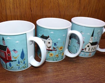 2505 Sakura Birdhouse Vintage 2000 12 oz Mugs Set of 3 by Warren Kimble - Great Condition