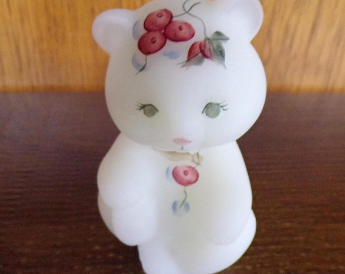 2501 Fenton Glass 4" Hand-Painted Vintage White Satin Sitting Bear w/Berries & Vines Signed V. Gherke Fenton Stamp- Great Condition