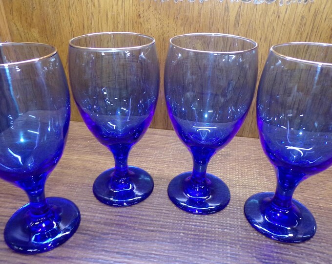 2506 Libbey Glass Cobalt Blue 7" 16 oz Premiere Footed Water Glasses Set of 4 w/ Gold Rim - Great Condition