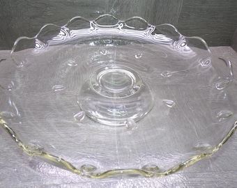 2608 Indiana Glass Teardrop Pattern 13" Vintage Footed Clear Glass Cake Plate Platter w/ Raised Scalloped Edge