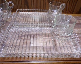 2509 Hazel Atlas Ball & Rib Sip-n-Smoke Vintage 8 pc Set- (4) Snack Plates with (4) Matching Cups - Great Condition