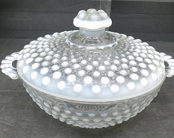 Hobnail Moonstone Vintage 6" Wide x 4" Tall Double Handle Candy Bowl - Chip Inside Lid but Still Beautiful