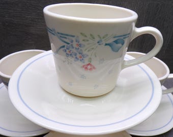 2609 Corelle Symphony Vintage 8 pc Set Blue & Peach Floral on Sandstone 4 Cups and 4 Saucers