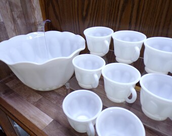 2606 Hazel Atlas Thumbprint Milk Glass 22 Pc Punch Bowl Set - Bowl