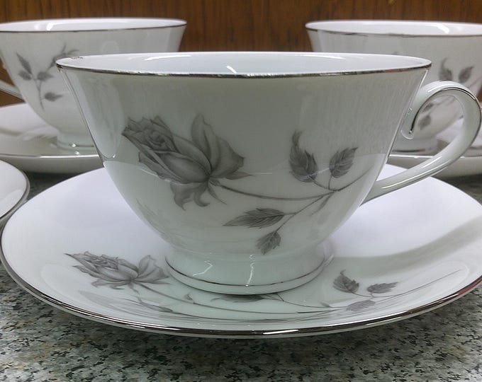 2408 Cordon Bleu #5881 Lasting Rose 8 pc Set (4) Cups & (4) Saucers Silver Roses Silver Rim - Great Condition