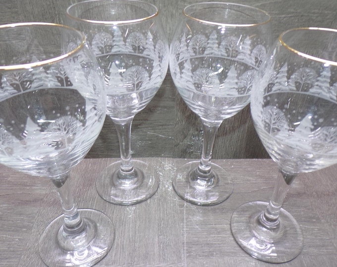 Featured listing image: 2605 Libbey Glass Arby's Christmas Frosted Pine Trees Vintage 7" Stemmed Balloon Glasses with Gold Rim Set of 4