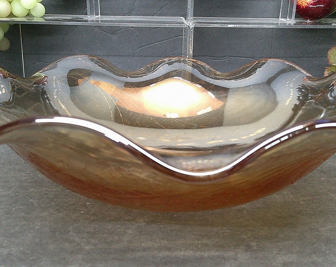 2312 Jeanette Louisa 11.5" Marigold Color Iridescent Carnival Glass Vintage Bowl with Floral Wheat Pattern - Some Light Scratches