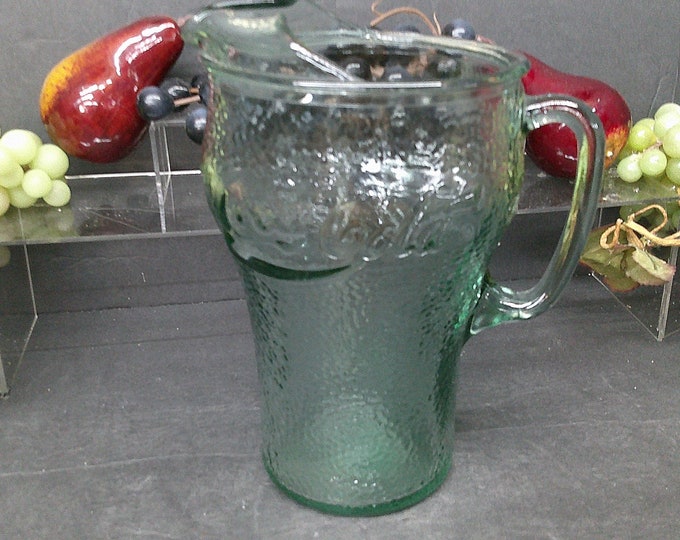 2402 Coca-Cola / Coke Pitcher 64 Oz w/ Ice Catcher Lip Vintage 9" Heavy Green Tinted Pebbled Glass - Great Condition