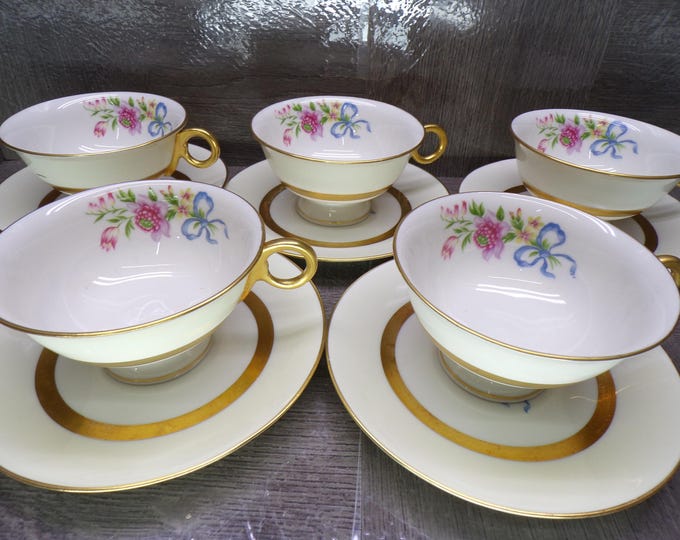 2602 Theodore Haviland New York Kenmore 10 pc Set 5 Cups & 5 Saucers - Good Condition w/ a Few Scratches on the Gold Accent