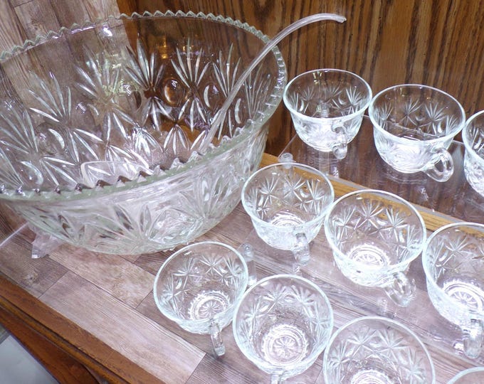 2508 Hazelware Lexington 26 pc Vintage Crystal Glass Punch Bowl Set - 11.5"W x 7.5"T Bowl w/12 Cups, 12 Hooks & Ladle - Great Condition