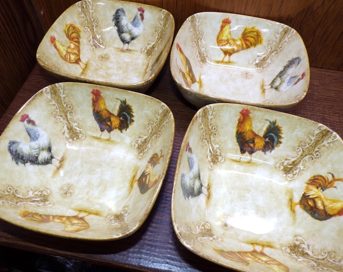 2505 222 Fifth Rustic Rooster Fine Porcelain 6" Square Bowls Set of 4 - Great Condition