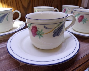 2511 Lenox China Stone Poppies on Blue 12 pc Set - (6) 8 oz Cups & (6) Saucers - Great Condition