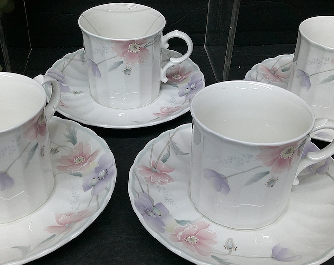 2312 Mikasa Maxima 8 pc Cup and Saucer Set- Tremont Pink & Lavender Floral (4) Cups and (4) Saucers- Super Strong Fine China- Like New