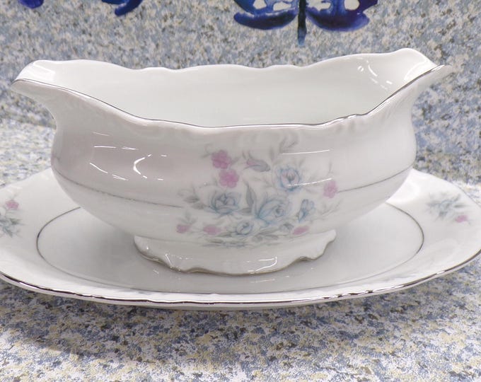 2212 Mikasa Bryn Mawr #9281 Silver, Pink, Blue Floral Silver Rim 9"x6" Small Platter & Gravy Pitcher - Vintage Fine China - Like New