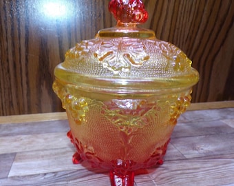 2511 Jeanette Glass Grape & Cable Amberina Fire Vintage Footed 5.5" x 4.5" Candy Jar w/ Lid - Great Condition Very Little Signs of Wear