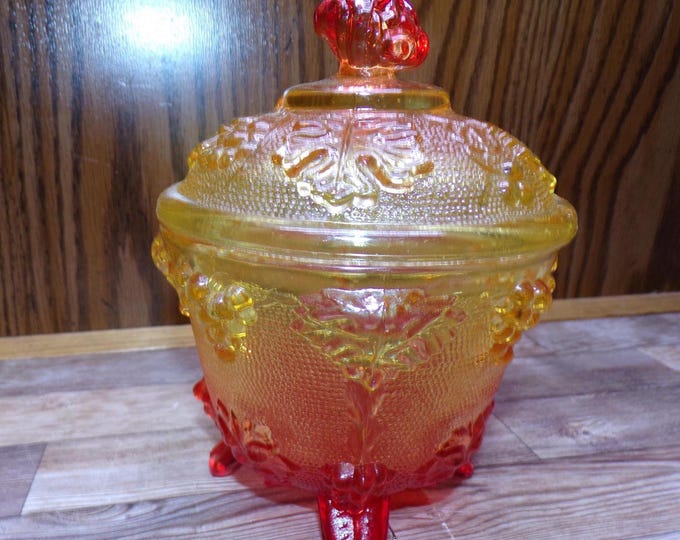 2511 Jeanette Glass Grape & Cable Amberina Fire Vintage Footed 5.5" x 4.5" Candy Jar w/ Lid - Great Condition Very Little Signs of Wear